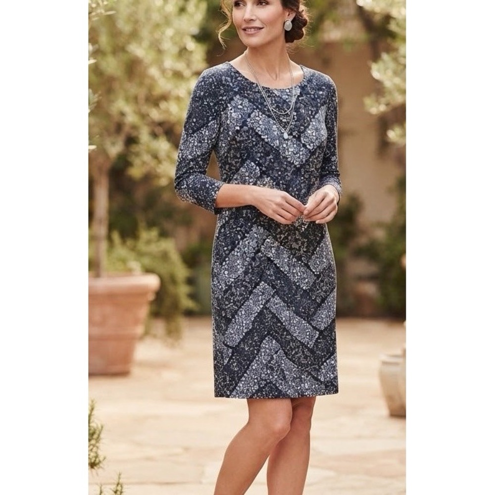 J JILL Dress Womens Sz Medium Stretch Navy Floral Relaxed Shift Wearever Classic